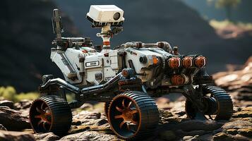 Robot navigating rugged Martian terrain. Generative AI photo