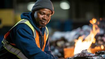 A worker sorting plastics at a recycling center. Generative AI photo