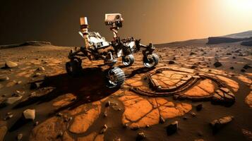 Robot navigating rugged Martian terrain. Generative AI photo