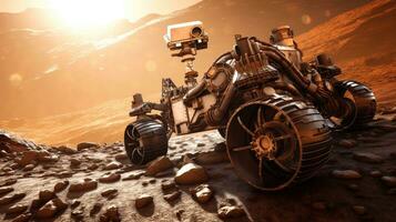 Robot navigating rugged Martian terrain. Generative AI photo