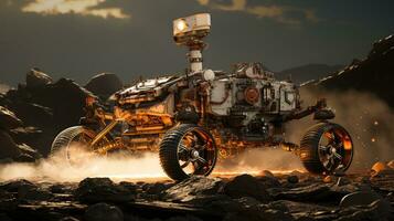 Robot navigating rugged Martian terrain. Generative AI photo