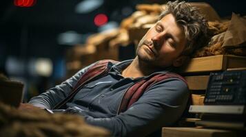 masculino empleado cansado desde carga de trabajo y que cae dormido a su escritorio a trabajar. generativo ai foto