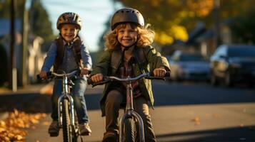 Children riding bicycles in the street.  Generative AI photo