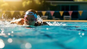 un nadador compitiendo en un relé carrera inmersiones en el piscina. generativo ai foto