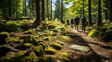 A nature guide showing wildlife to tourists on the forest road. Generative AI photo