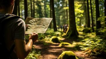 A nature guide showing wildlife to tourists on the forest road. Generative AI photo