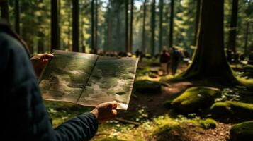 A nature guide showing wildlife to tourists on the forest road. Generative AI photo