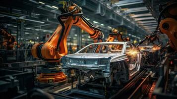 Automotive assembly line produced with robots. Generative AI photo