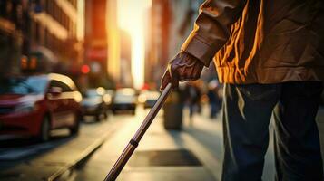 A visually impaired person walking with a cane on the city sidewalk. Generative AI photo