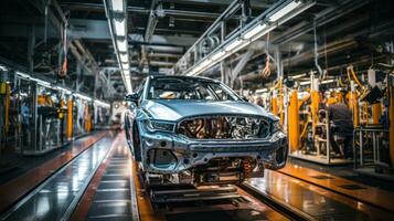 Automotive assembly line produced with robots. Generative AI photo