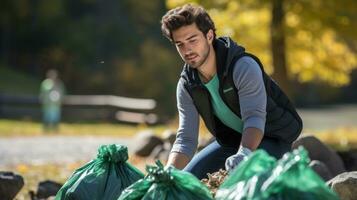 A volunteer collecting garbage in the park. Generative AI photo