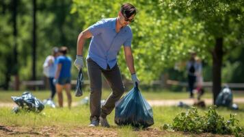 A volunteer collecting garbage in the park. Generative AI photo