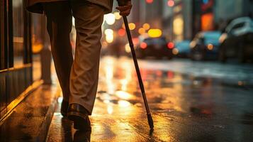 A visually impaired person walking with a cane on the city sidewalk. Generative AI photo