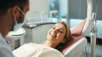 contento mujer sentado en dentista silla y teniendo dental examen. generativo ai foto
