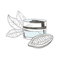 Vector illustration set of container, cocoa leaves and unpeeled cacao pod with seeds. Black outline of a jar of face cream, graphic drawing. For postcards, design and composition decoration, prints