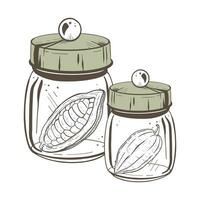 Vector illustration set of two closed glass containers with solid lid and cocoa pods inside. Black outline, graphic drawing in curves. For postcards, design and composition decoration, prints, posters