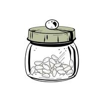 Vector illustration of closed glass container with solid lid and cocoa seeds inside. Black outline, graphic drawing in curves. For postcards, design and composition decoration, prints, posters