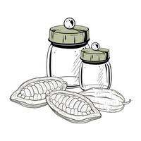 Vector illustration set of two empty closed glass containers with solid lids and cocoa pods. Black outline, graphic drawing in curves. For postcards, design and composition decoration, prints, posters