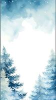 Snowy trees with a blue watercolor background and a frame photo