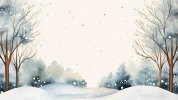 Whimsical winter scene with hand-drawn trees and a watercolor frame. photo