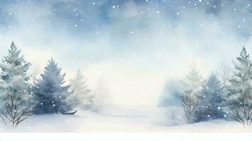 Rustic winter scene with a watercolor border and snowflakes photo