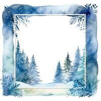 Snowy trees with a blue watercolor background and a frame photo