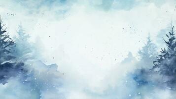 Snowy trees with a blue watercolor background and a frame photo