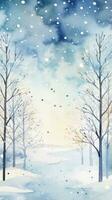 Whimsical winter scene with hand-drawn trees and a watercolor frame. photo