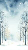 Whimsical winter scene with hand-drawn trees and a watercolor frame. photo