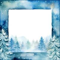 Snowy trees with a blue watercolor background and a frame photo