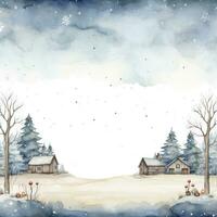 Rustic winter scene with a watercolor border and snowflakes photo