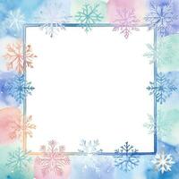 Pastel winter snowflakes with a watercolor border and wooden frame photo