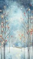 Whimsical winter scene with hand-drawn trees and a watercolor frame. photo