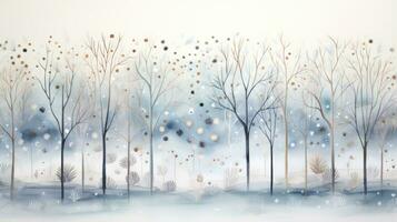 Whimsical winter scene with hand-drawn trees and a watercolor frame. photo