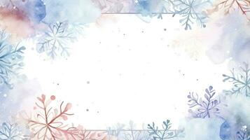 Pastel winter snowflakes with a watercolor border and wooden frame photo