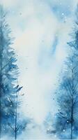 Snowy trees with a blue watercolor background and a frame photo