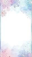 Pastel winter snowflakes with a watercolor border and wooden frame photo