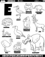 cartoon animal characters for letter E set coloring page vector