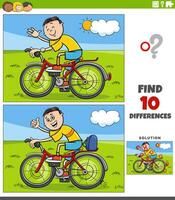 diferencias juego con dibujos animados chico montando un bicicleta vector