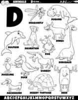 cartoon animal characters for letter D set coloring page vector