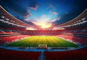 Photo of a soccer stadium at night with stadium light. The stadium was made in 3d without using existing references