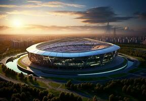 foto de un fútbol estadio a noche con estadio ligero. el estadio estaba hecho en 3d sin utilizando existente referencias