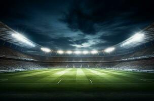 Photo of a soccer stadium at night with stadium light. The stadium was made in 3d without using existing references