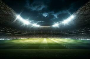 foto de un fútbol estadio a noche con estadio ligero. el estadio estaba hecho en 3d sin utilizando existente referencias