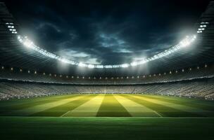 foto de un fútbol estadio a noche con estadio ligero. el estadio estaba hecho en 3d sin utilizando existente referencias