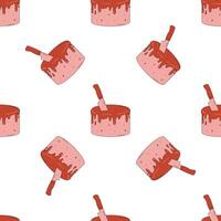 Terrible fake bloody cake. Halloween dessert with a stuck knife. Red dripping glaze. Trendy retro color. Seamless pattern. vector