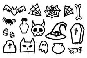 Halloween graffiti set. Trendy Y2K urban street style. Splash effects and drops. Grunge and spray texture. Collection of symbols, ghost, cat, witch hat, bat, spider web, skull, bone, candy, pot, tomb. vector