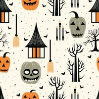 Elevate your Halloween creativity with pumpkin, bat, and tree pattern design. Perfect for spooky, festive projects. vector