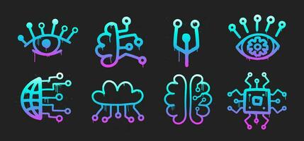 AI Neon Graffiti Set. Artificial Intelligence in Urban Street Style. Trendy Y2K clipart. Splash effects and drops. Grunge and spray texture. vector