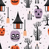 Elevate your Halloween creativity with pumpkin, bat, and tree pattern design. Perfect for spooky, festive projects. vector